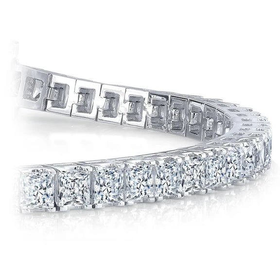 Bracelet Tennis à 13 Carats De Réel Diamants Princesses 14K D'Or Blanc