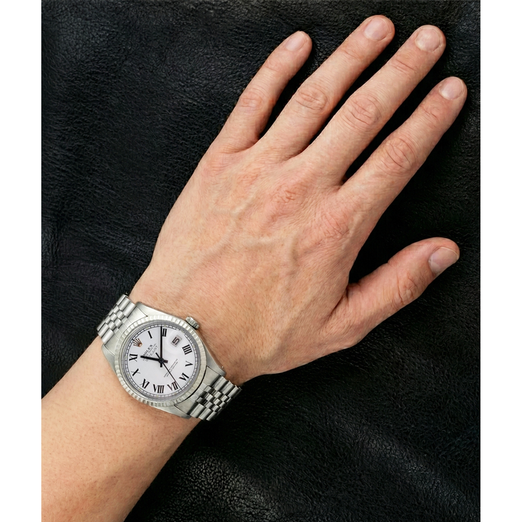 Bracelet acier inoxydable Jubilé Rolex Datejust Montre homme Cadran romain blanc réglage rapide