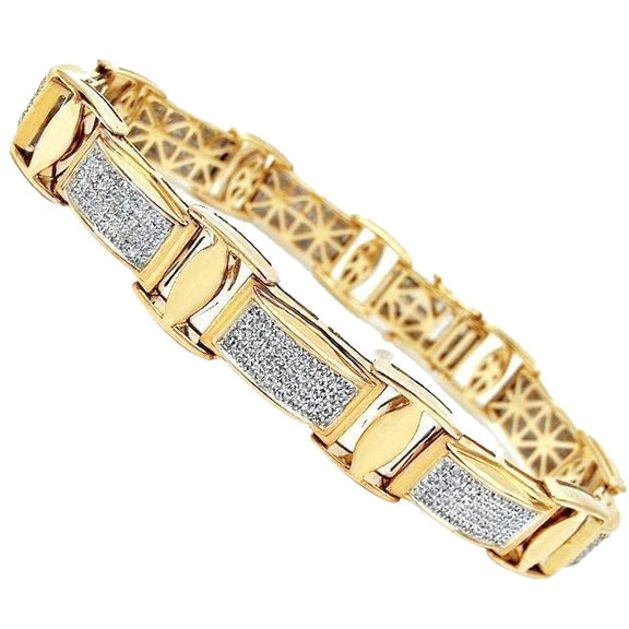 Bracelet homme 18 carats Coupe Ronde serti pavé de Authentique diamants or jaune 14K