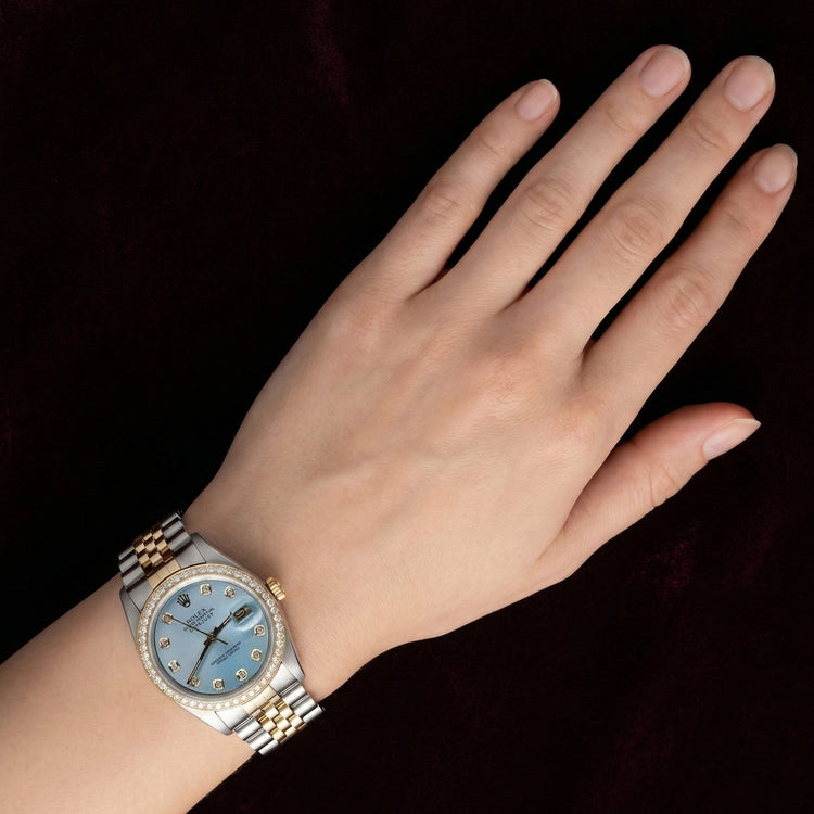 Montre Rolex Jubilee Date Just Cadran Diamants Bleus Lunette Sertie Quick Set
