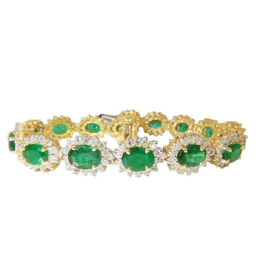 Bracelet pour femme en émeraude Vert et diamants taille ovale 16.25 chariots en or jaune 14 carats