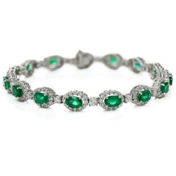 Bracelet tennis femme taille ovale émeraude verte avec diamants 14K 8.5 ct.