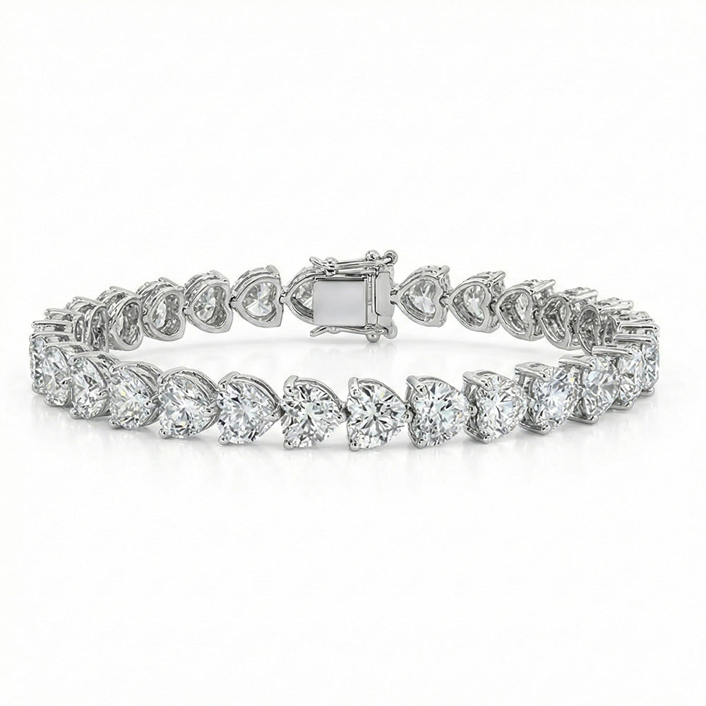 Bracelet Tennis En Or Blanc 10 Carats Serti De Diamants De Laboratoire En Forme De Cœur, 30 Carats.
