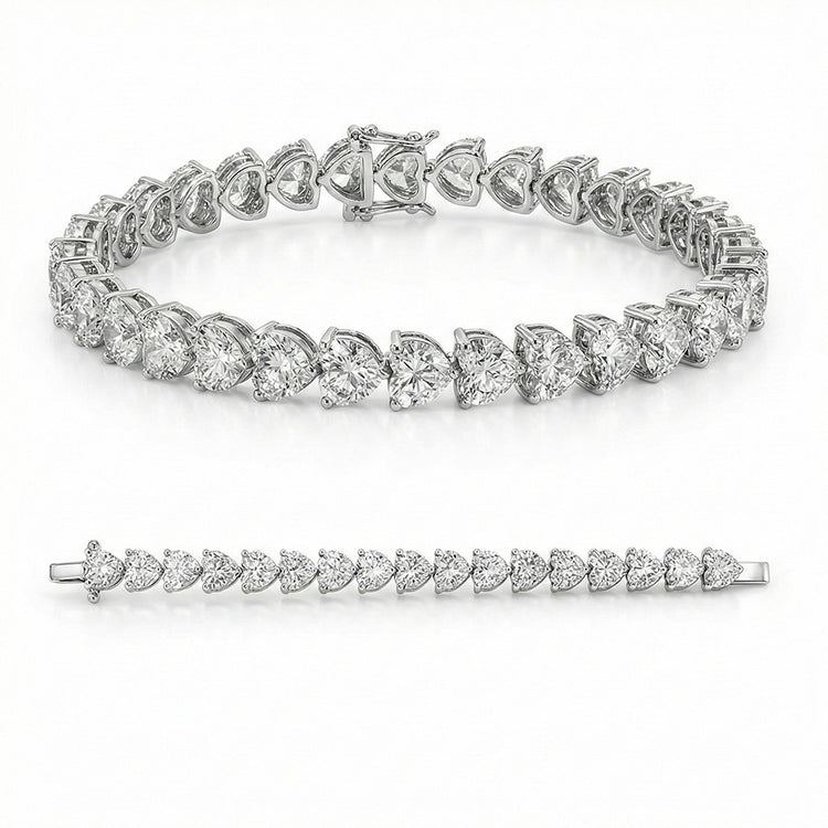 Bracelet Tennis En Or Blanc 10 Carats Serti De Diamants De Laboratoire En Forme De Cœur, 30 Carats.
