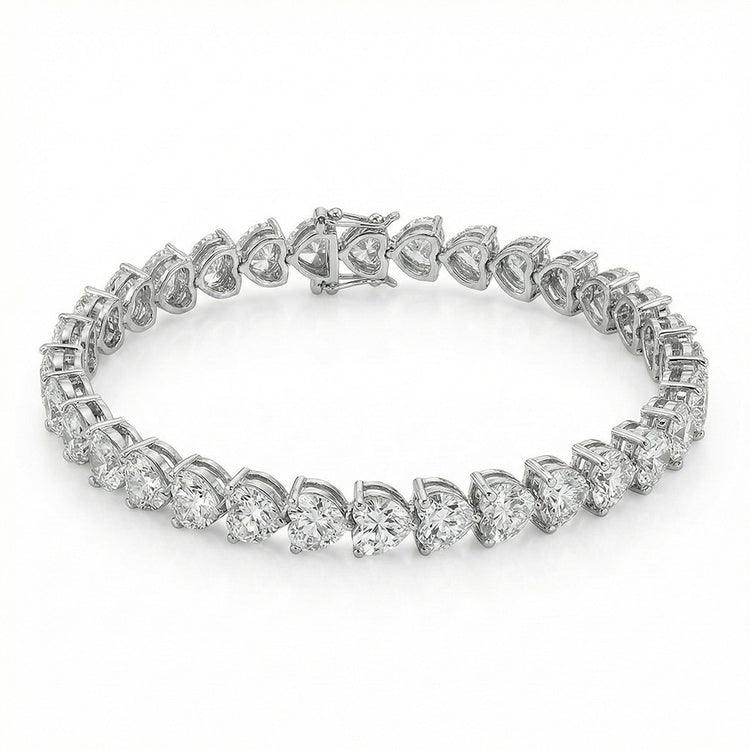 Bracelet Tennis En Or Blanc 10 Carats Serti De Diamants De Laboratoire En Forme De Cœur, 30 Carats.
