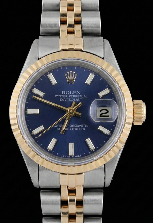 Bracelet Jubilé Bicolore Regarder Rolex Datejust Cadran Bâton Noir Cannelé