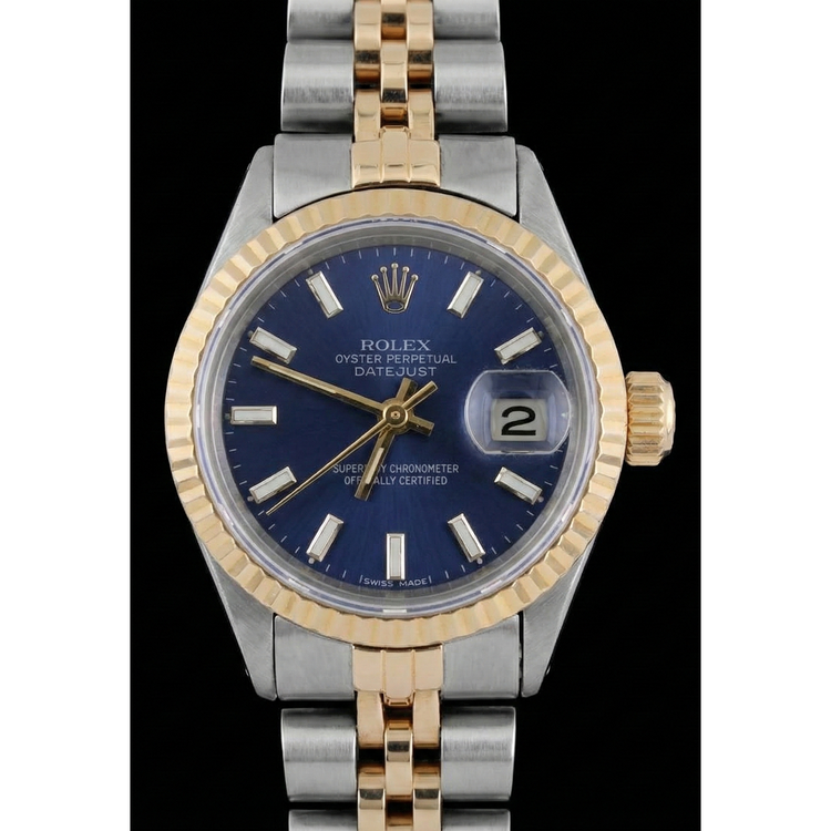 Bracelet Jubilé Bicolore Regarder Rolex Datejust Cadran Bâton Noir Cannelé