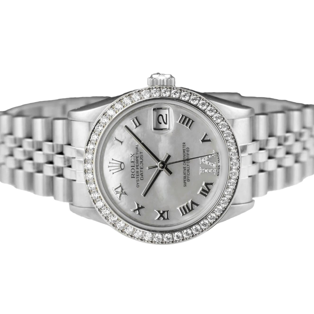 Bracelet Jubilé personnalisé Lunette Diamant Taille moyenne Datejust Rolex montre acier inoxydable