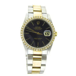 Bracelet acier inoxydable & Or Cadran Noir Lunette Diamant Montre Rolex Datejust