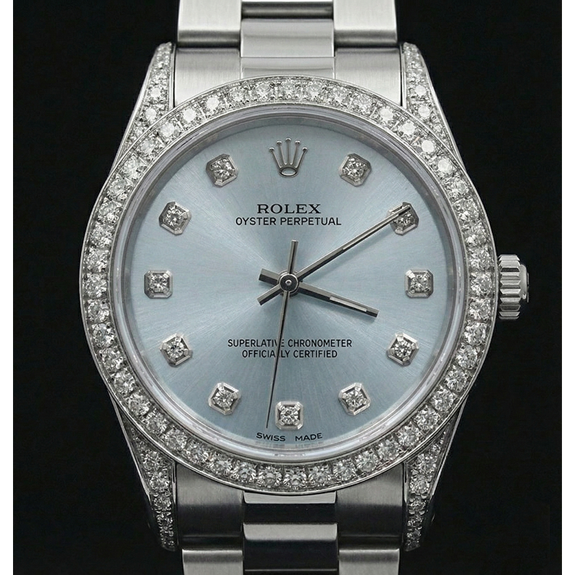Bracelet de Montre Rolex No Date de Taille Moyenne Avec Cadran En Diamants Personnalisés Bleu acier inoxydable