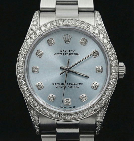 Bracelet de Montre Rolex No Date de Taille Moyenne Avec Cadran En Diamants Personnalisés Bleu acier inoxydable