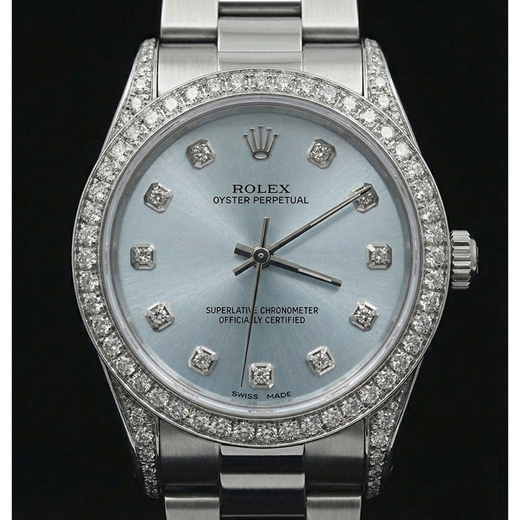 Bracelet de Montre Rolex No Date de Taille Moyenne Avec Cadran En Diamants Personnalisés Bleu acier inoxydable