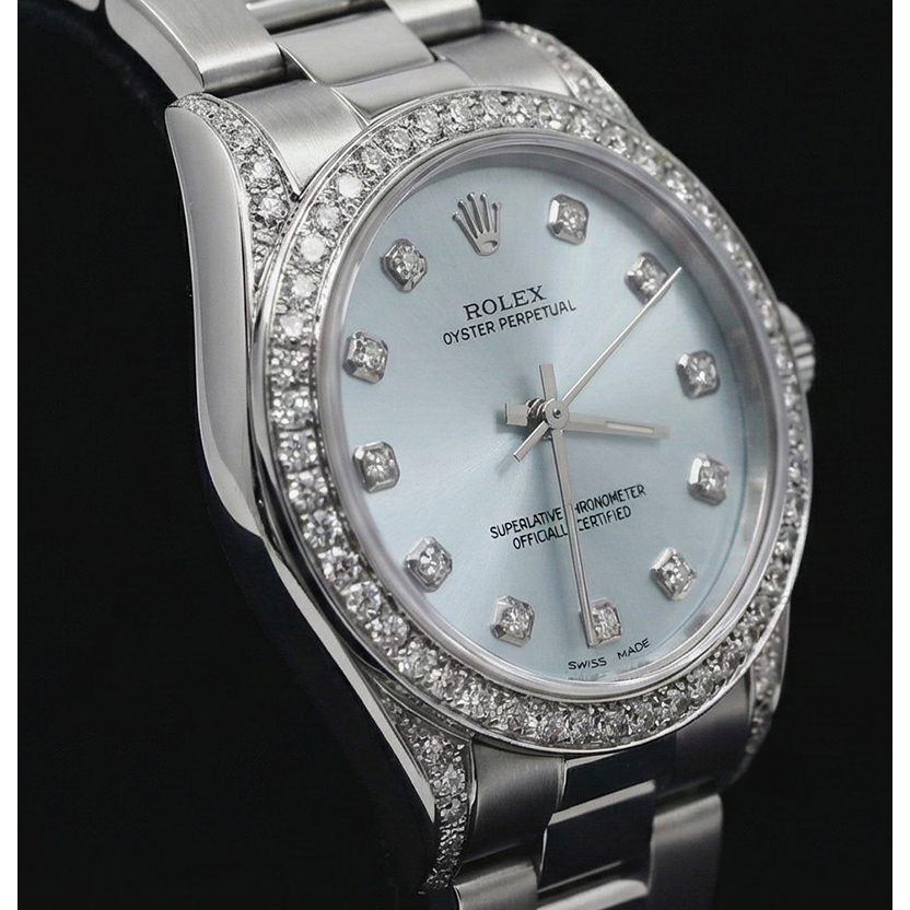 Bracelet de Montre Rolex No Date de Taille Moyenne Avec Cadran En Diamants Personnalisés Bleu acier inoxydable