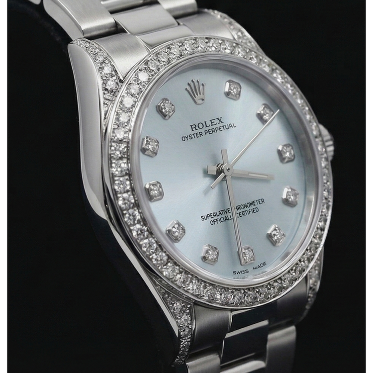 Bracelet de Montre Rolex No Date de Taille Moyenne Avec Cadran En Diamants Personnalisés Bleu acier inoxydable