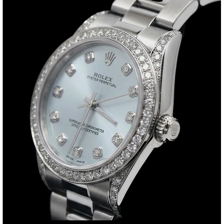 Bracelet de Montre Rolex No Date de Taille Moyenne Avec Cadran En Diamants Personnalisés Bleu acier inoxydable