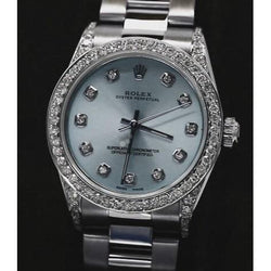 Bracelet de Montre Rolex No Date de Taille Moyenne Avec Cadran En Diamants Personnalisés Bleu acier inoxydable