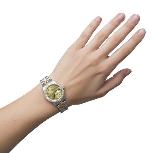 Bracelet en acier inoxydable et or Regarder Rolex Datejust Lunette en diamant champagne P2