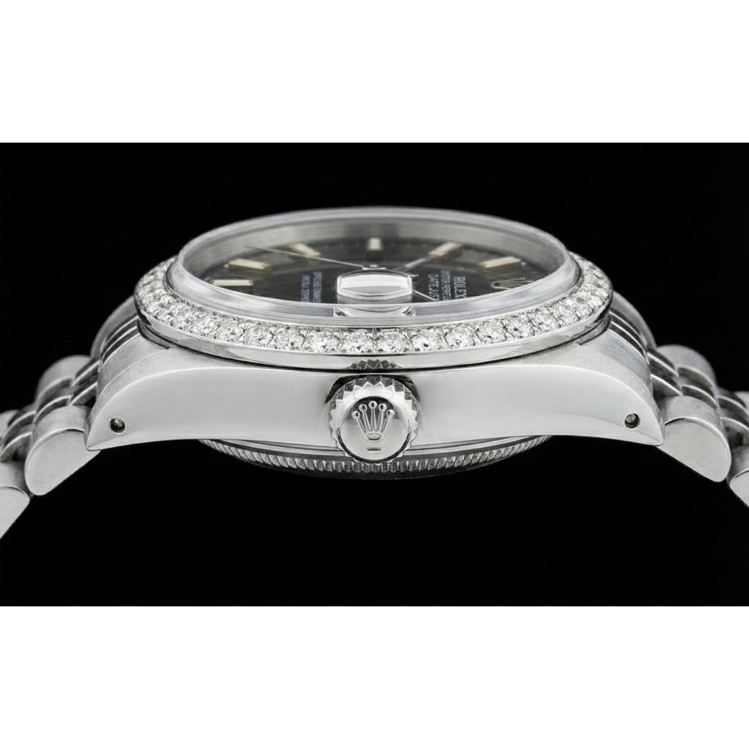 Bracelet jubilé acier inoxydable Cadran bâton noir Lunette en diamant Montre Rolex