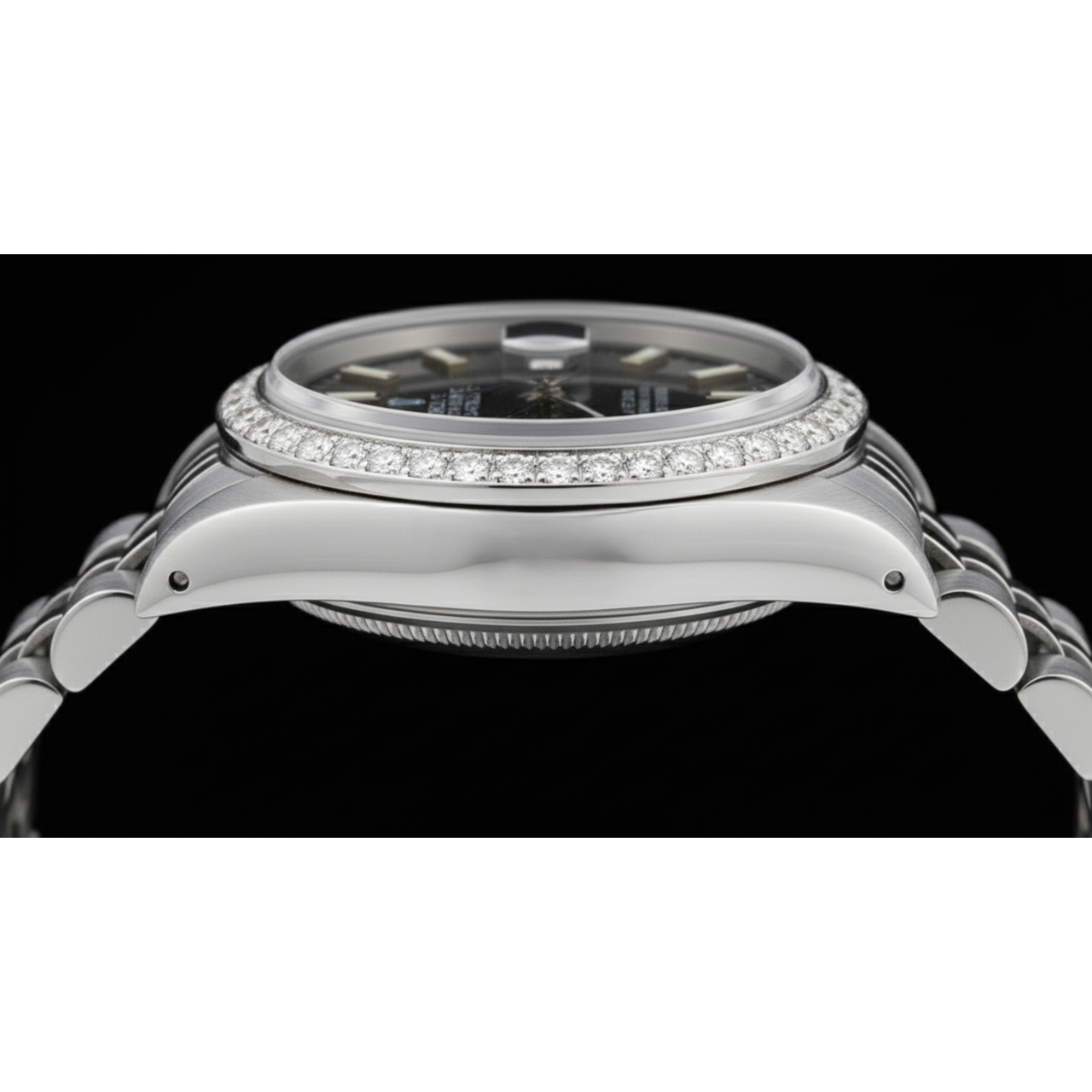 Bracelet jubilé acier inoxydable Cadran bâton noir Lunette en diamant Montre Rolex