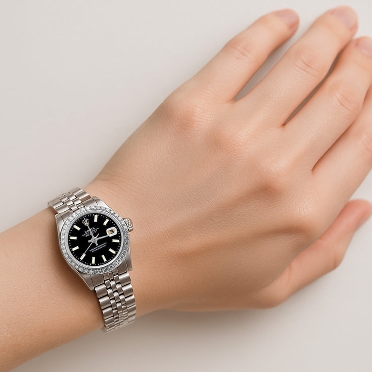 Bracelet jubilé acier inoxydable Cadran bâton noir Lunette en diamant Montre Rolex