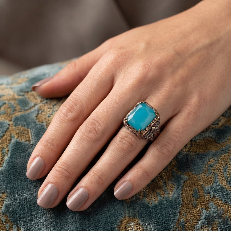 Brillant Turquoise Turquoise Bague Halo – 5 carats Or Bicolore