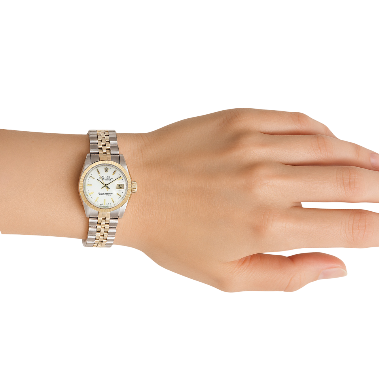 Cadran bâton blanc Datejust Rolex Regarder femme acier inoxydable & or Rolex