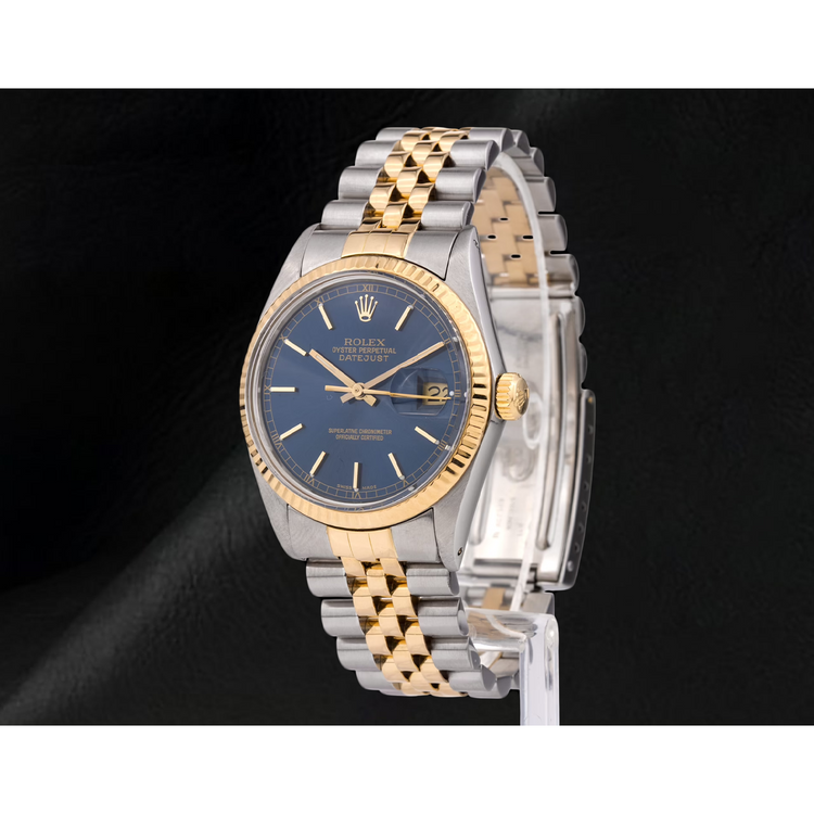 Cadran bâton bleu lunette cannelée Rolex Datejust gent montre deux tons réglage rapide