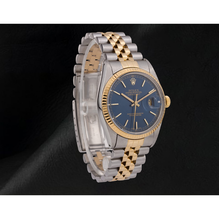 Cadran bâton bleu lunette cannelée Rolex Datejust gent montre deux tons réglage rapide