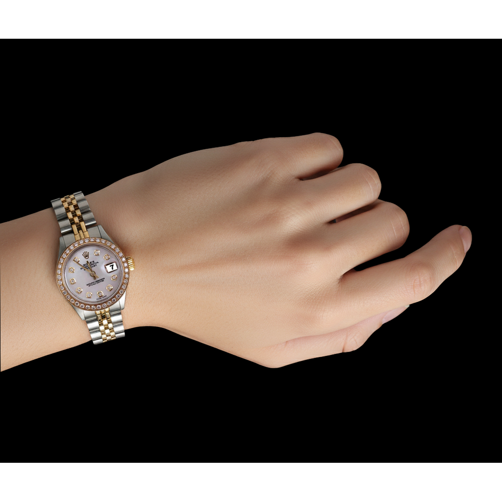 Cadran Blanc serpillière Diamant Lunette Rolex Datejust Montre Femme acier inoxydable & Or P5