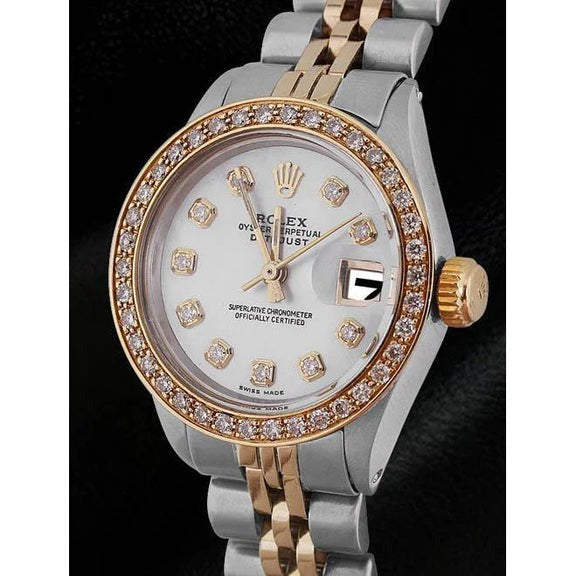 Cadran Blanc serpillière Diamant Lunette Rolex Datejust Montre acier inoxydable & Or
