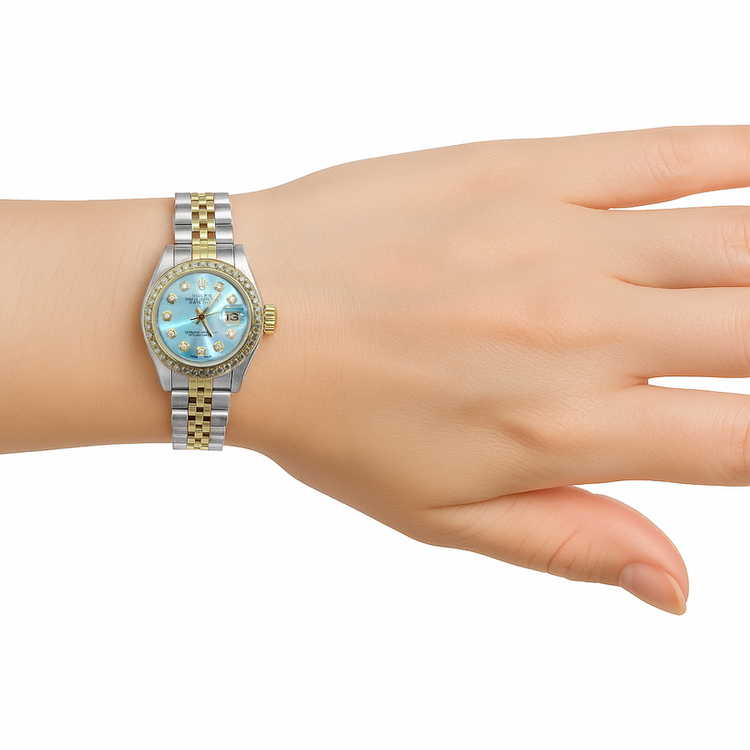 Cadran Bleu Diamant Lunette Rolex Montre Femme Datejust acier inoxydable & Or