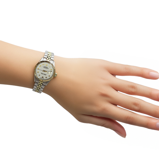 Cadran bâton blanc Datejust Rolex Regarder femme acier inoxydable & or Rolex