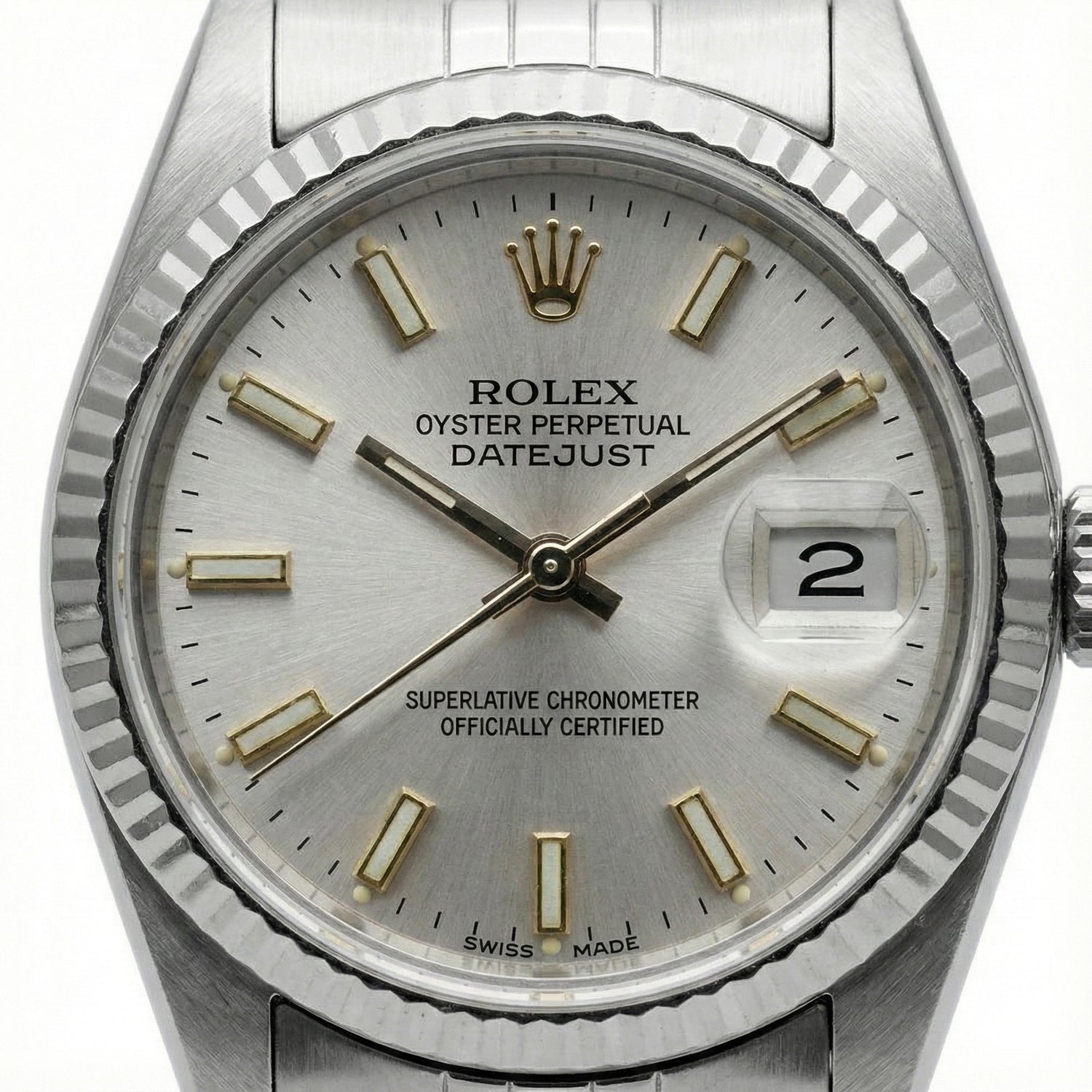 Cadran bâton blanc Regarder Rolex Datejust acier inoxydable Lunette cannelée Datejust