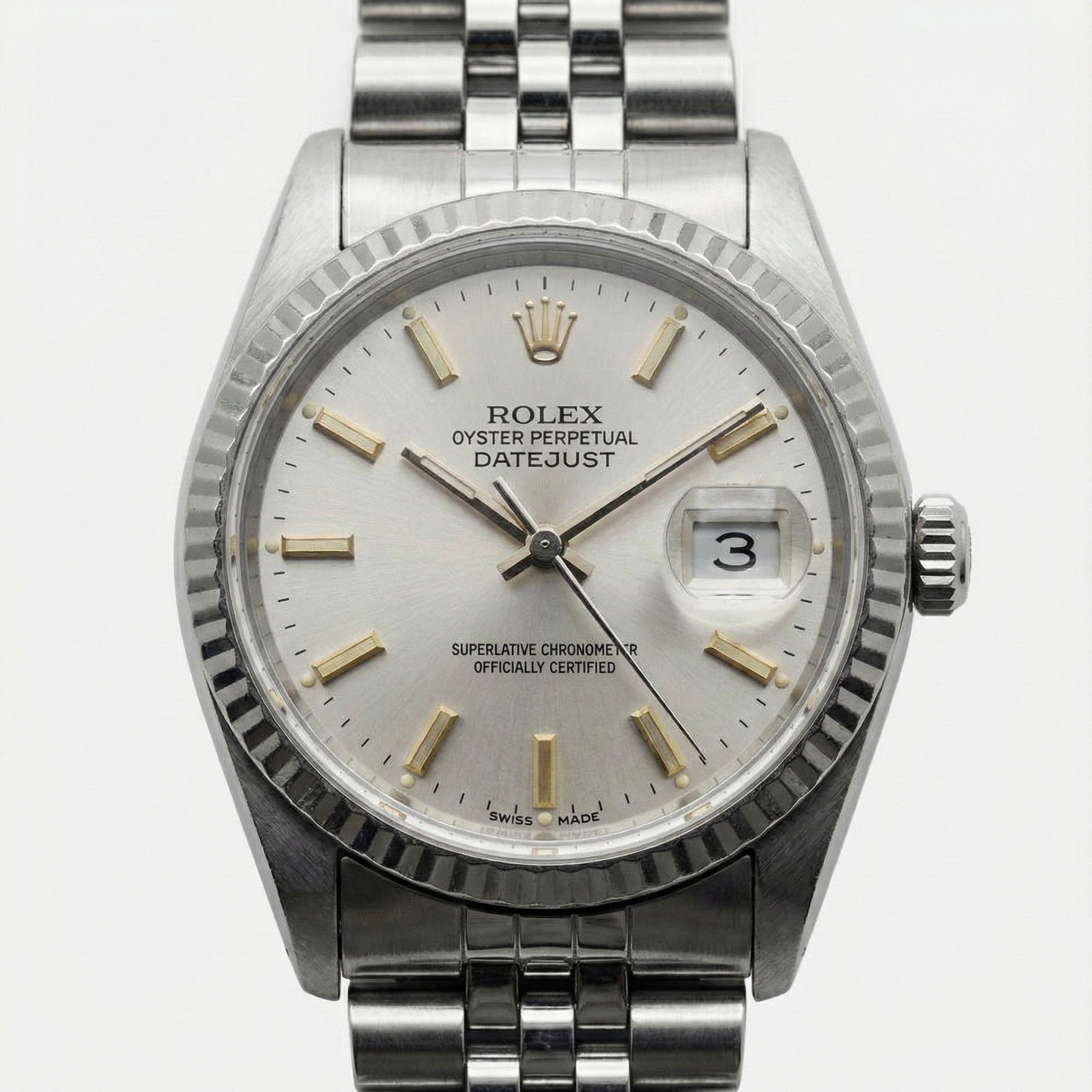 Cadran bâton blanc Regarder Rolex Datejust acier inoxydable Lunette cannelée Datejust