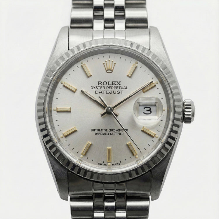Cadran bâton blanc Regarder Rolex Datejust acier inoxydable Lunette cannelée Datejust