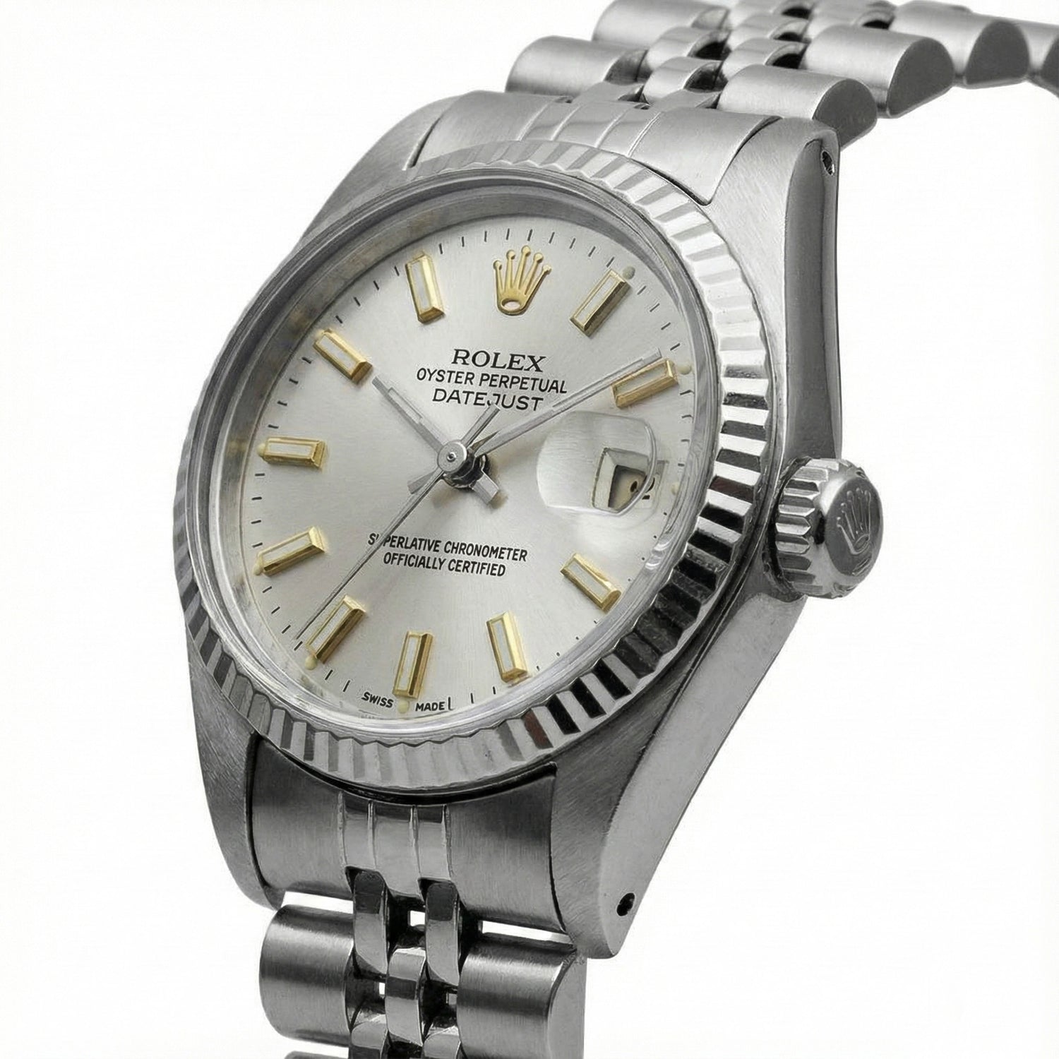 Cadran bâton blanc Regarder Rolex Datejust acier inoxydable Lunette cannelée Datejust