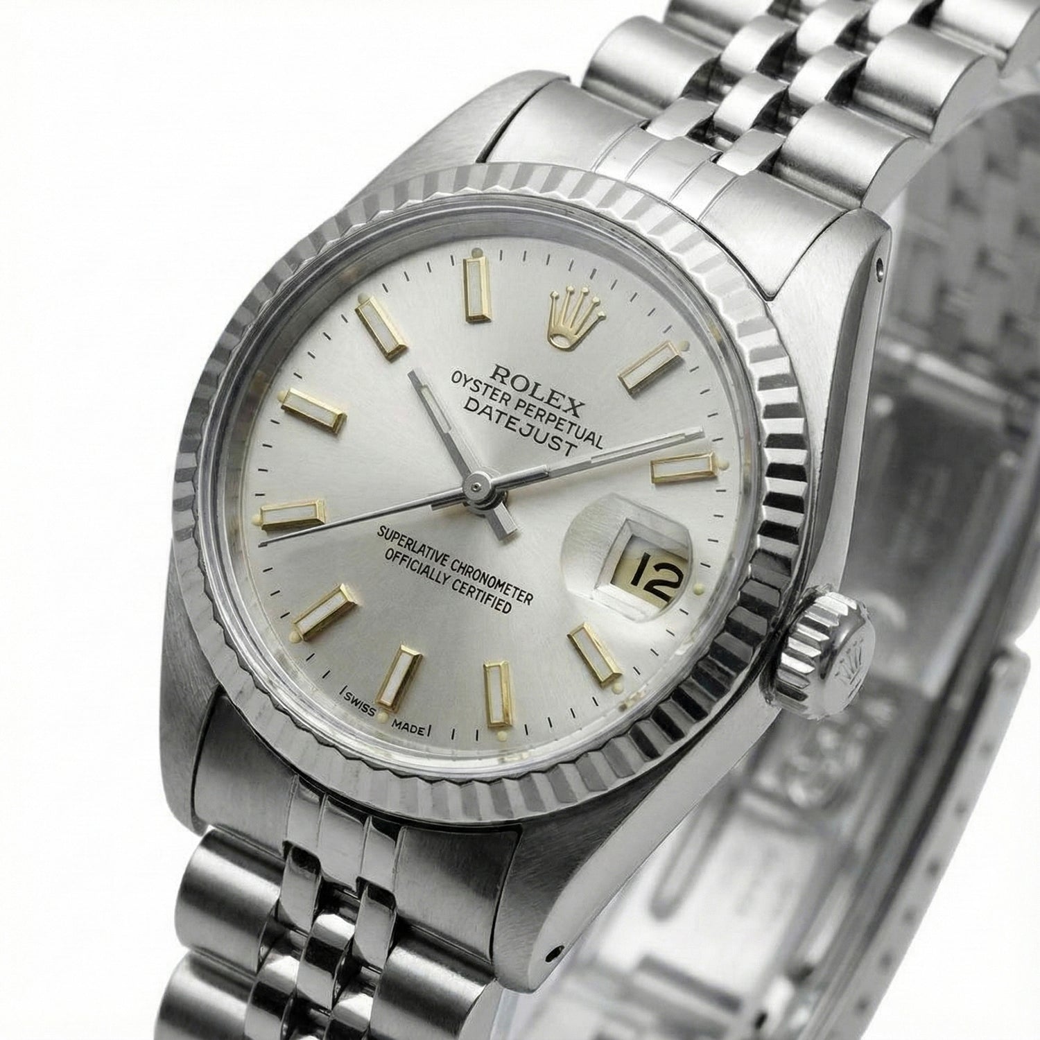 Cadran bâton blanc Regarder Rolex Datejust acier inoxydable Lunette cannelée Datejust