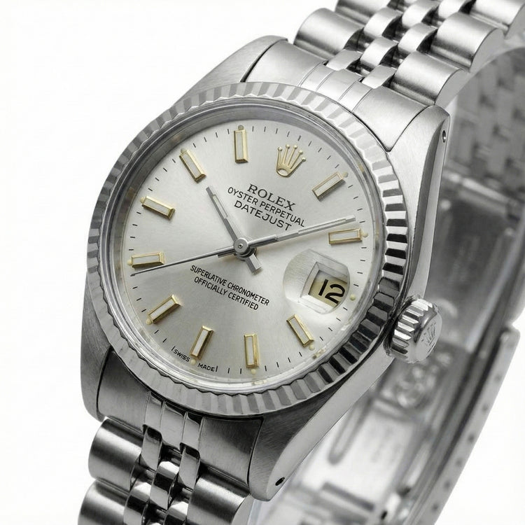 Cadran bâton blanc Regarder Rolex Datejust acier inoxydable Lunette cannelée Datejust