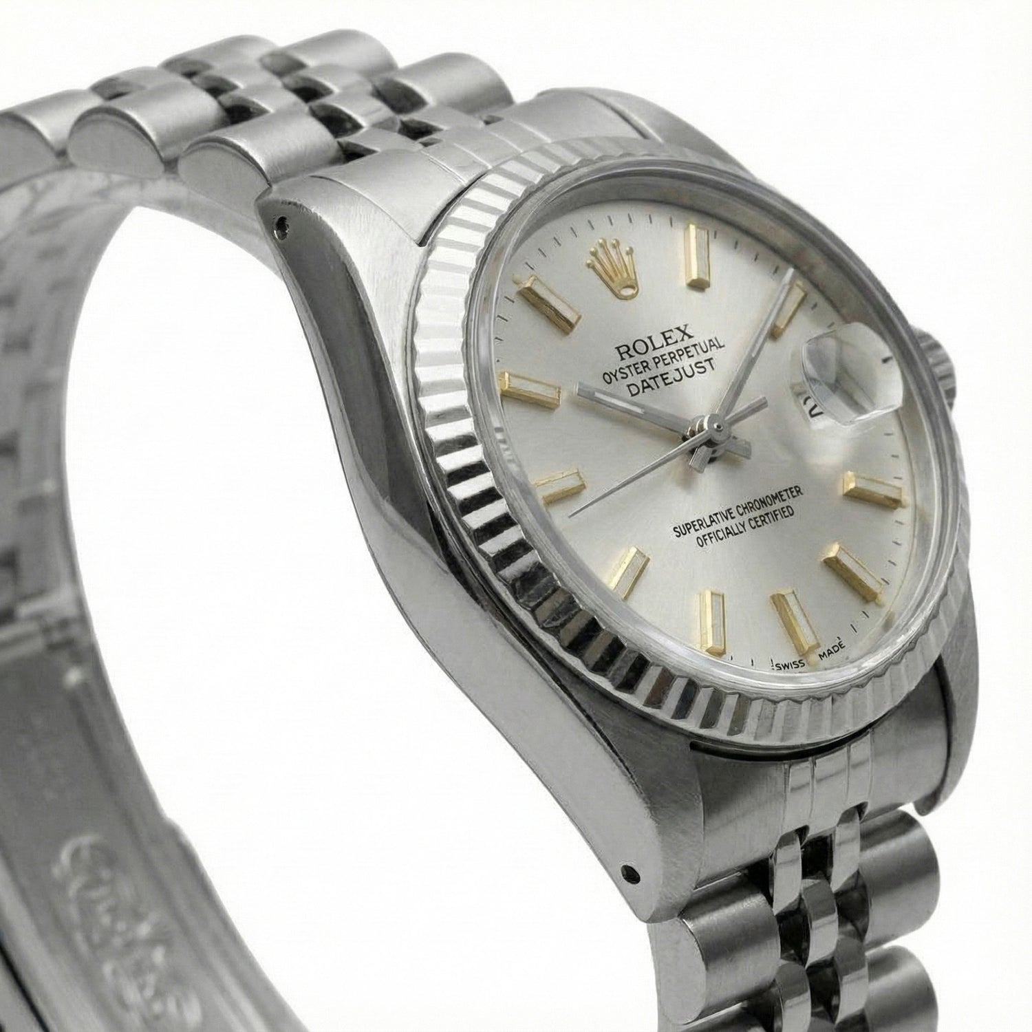 Cadran bâton blanc Regarder Rolex Datejust acier inoxydable Lunette cannelée Datejust