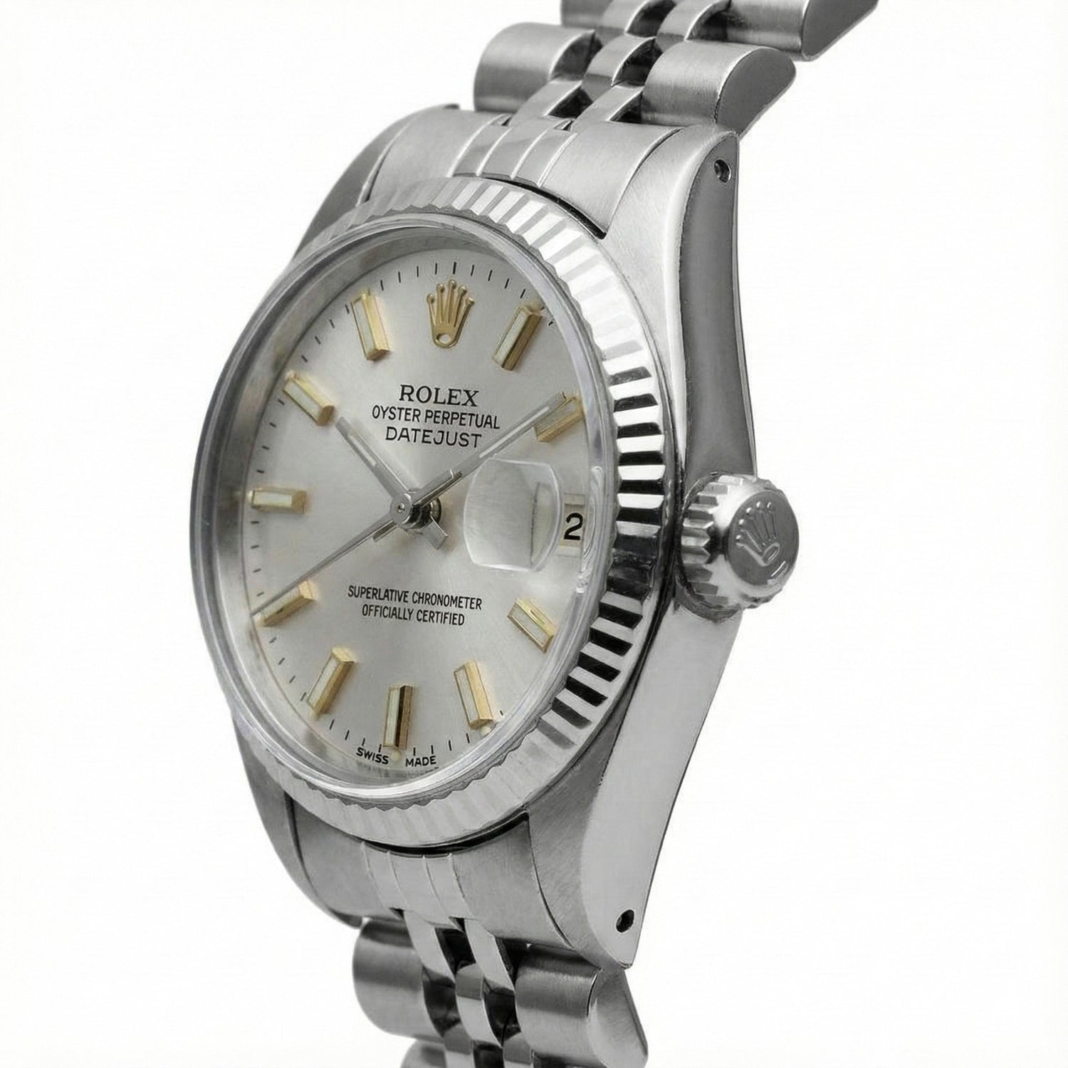 Cadran bâton blanc Regarder Rolex Datejust acier inoxydable Lunette cannelée Datejust