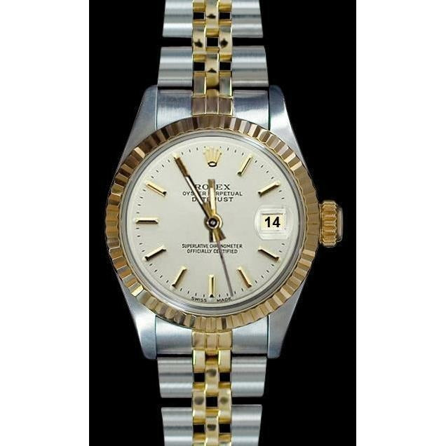 Cadran bâton blanc Datejust Rolex Regarder femme acier inoxydable & or Rolex