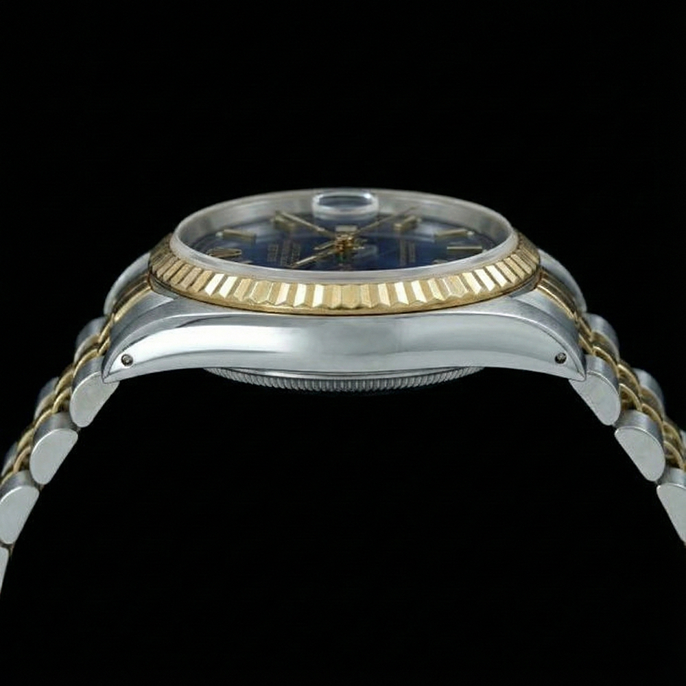 Cadran bâton bleu lunette cannelée Datejust Rolex Regarder femme acier inoxydable & or