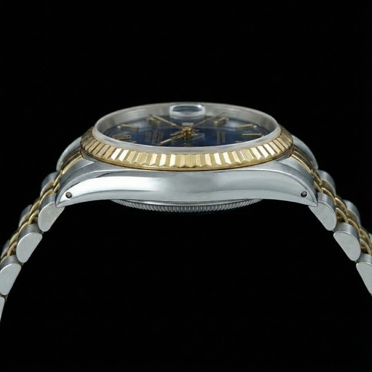 Cadran bâton bleu lunette cannelée Datejust Rolex Regarder femme acier inoxydable & or