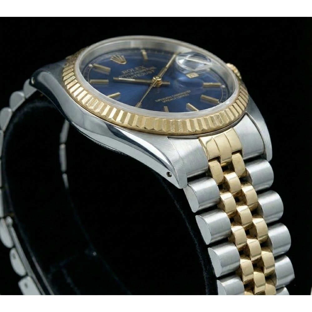 Cadran bâton bleu lunette cannelée Datejust Rolex Regarder femme acier inoxydable & or