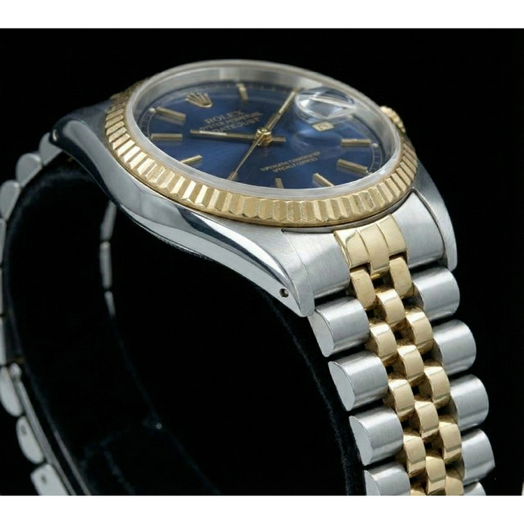 Cadran bâton bleu lunette cannelée Datejust Rolex Regarder femme acier inoxydable & or