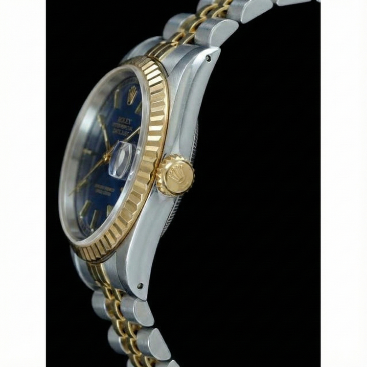 Cadran bâton bleu lunette cannelée Datejust Rolex Regarder femme acier inoxydable & or