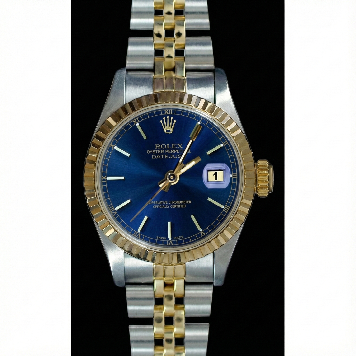 Cadran bâton bleu lunette cannelée Datejust Rolex Regarder femme acier inoxydable & or