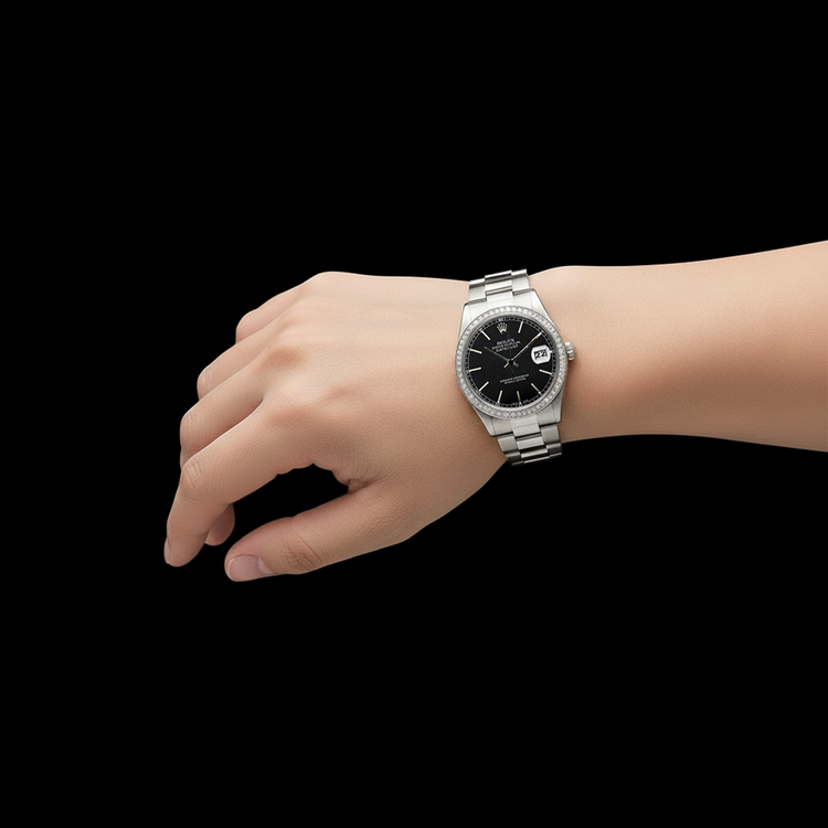 Cadran bâton noir Montre Rolex Datejust acier inoxydable lunette diamant réglage rapide