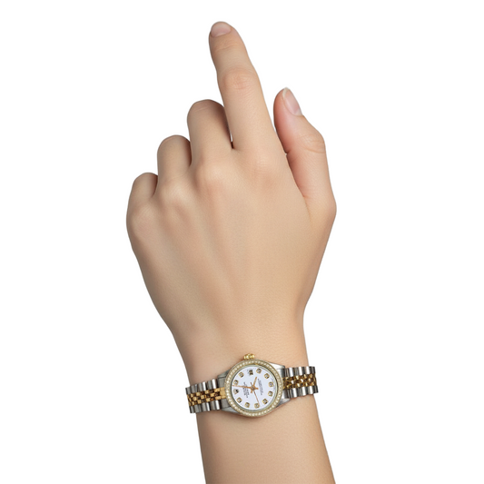 Cadran blanc lunette jubilé acier inoxydable & or Rolex Datejust dame montre P2