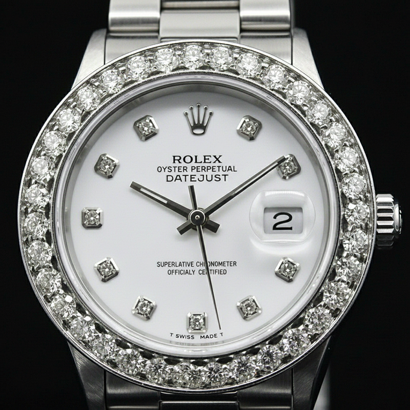 Cadran blanc personnalisé diamant grande lunette Rolex Datejust montre en acier inoxydable